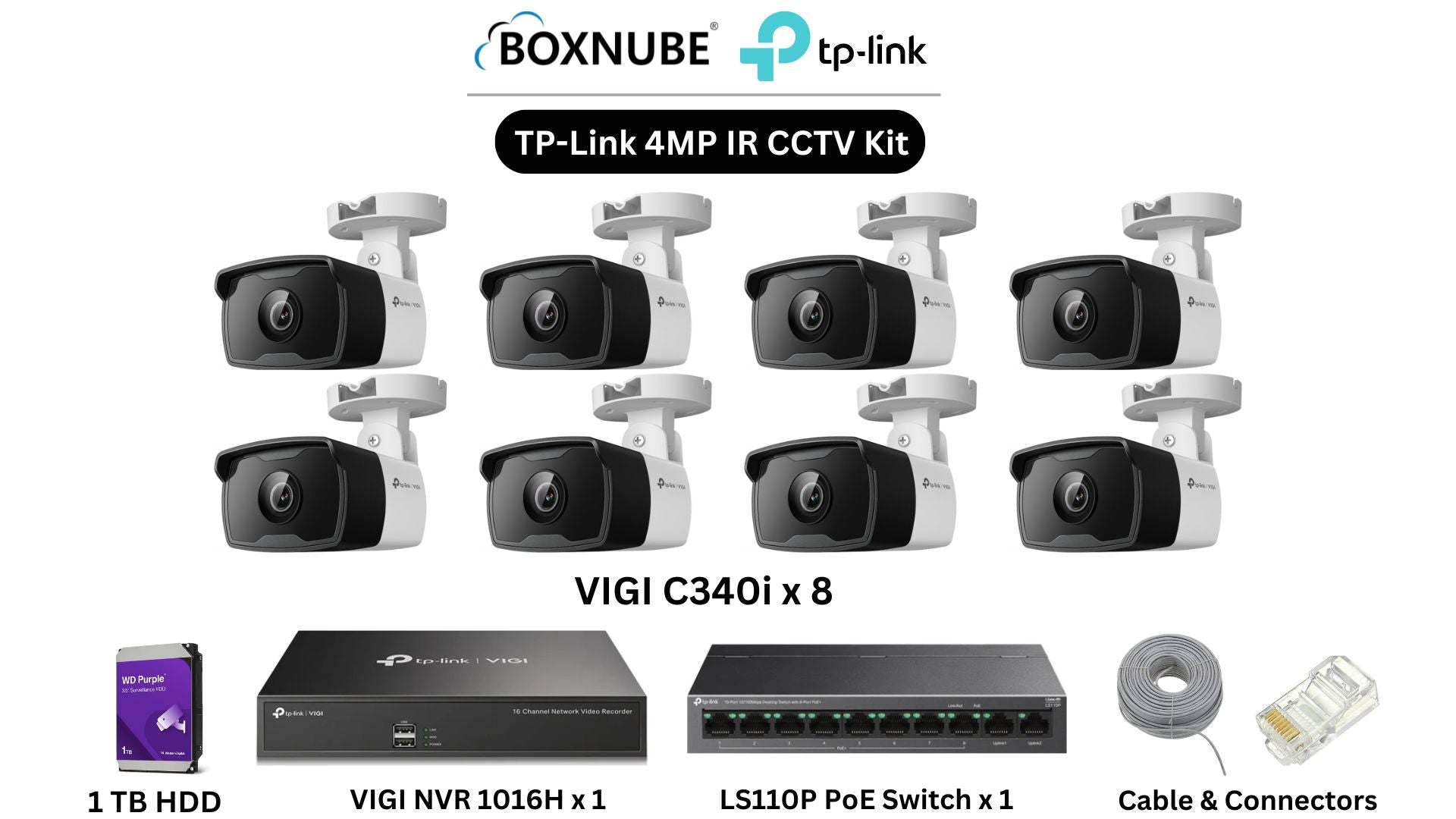 TP-Link VIGI 4MP IR Full HD 8 Camera Kit Bundle | 8 x VIGI C340i, 1 x 16 Channel NVR, 1 x 8+2 Port PoE Switch with 100M CAT6 Cable, RJ45 Connectors TP-Link VIGI 4MP IR Full HD 8 Camera Kit Bundle | 8 x VIGI C340i, 1 x 16 Channel NVR, 1 x 8+2 Port PoE Switch with 100M CAT6 Cable, RJ45 Connectors